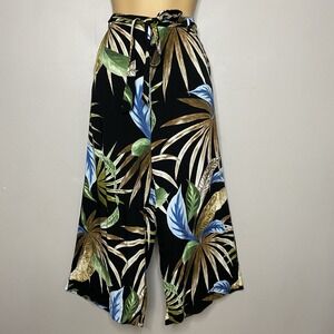 Julien Wide Leg Crop Pants Sz M Black Floral Tropical‎ Elastic Tie Waist Pockets